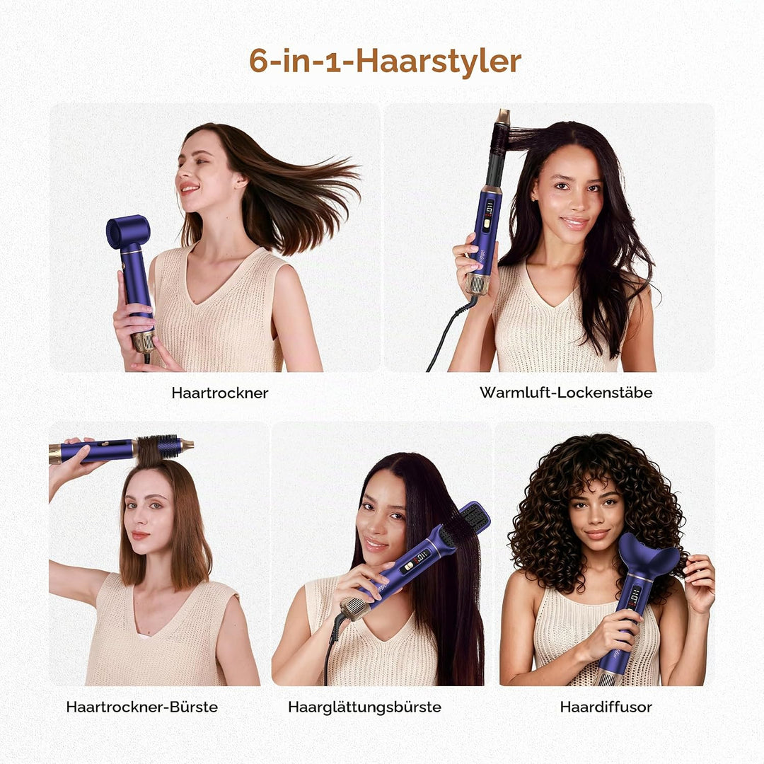 UKLISS Hairstyler 6 in 1 Air Styler Set [mit Diffusor], Pro Hair Styler Set Gold Blau, Gold Blau