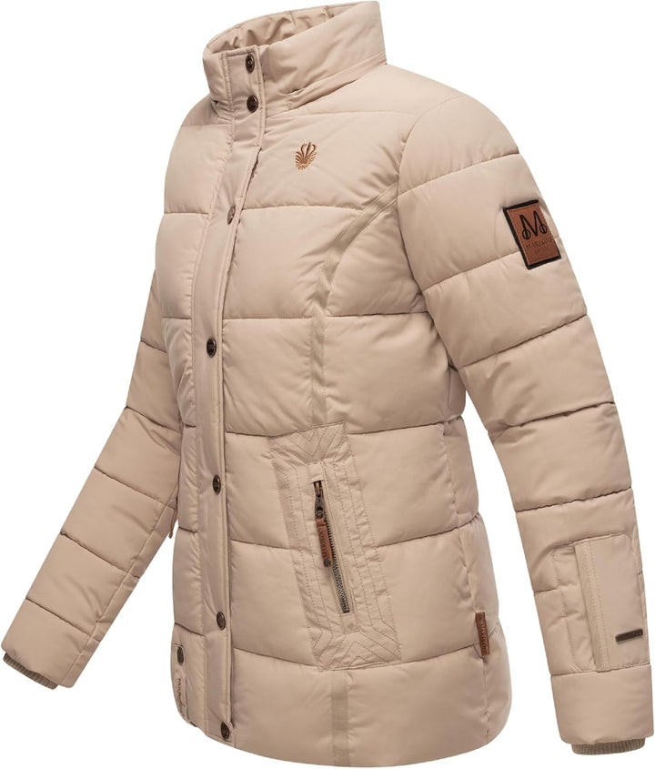 MARIKOO Damen Winterjacke warme Steppjacke mit Kunstfell Innenfutter Nekoo XS-3XL M Beige, M Beige