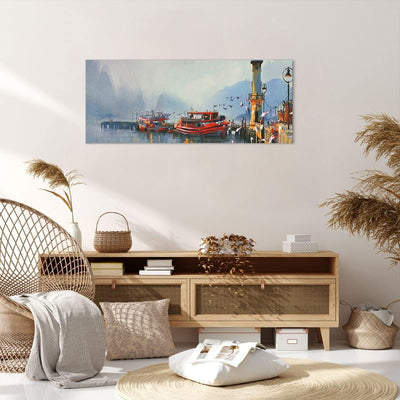 Wandbilder Dekoration Wohnzimmer Hafen Laterne Boot Panorama Bilder auf Leinwand 120x50cm Leinwandbi