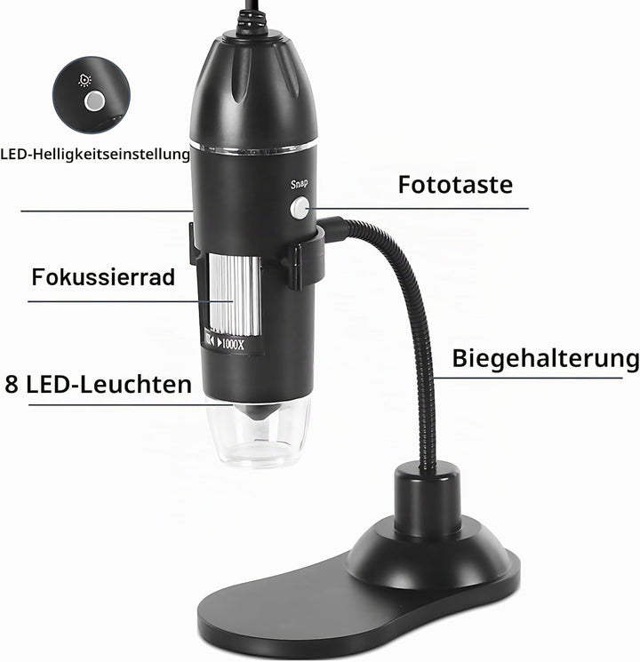 USB-Mikroskop LED 50X-1000X USB-Mikroskop-Vergrösserung Digitales Mikroskop mit Halterung USB-Mikros