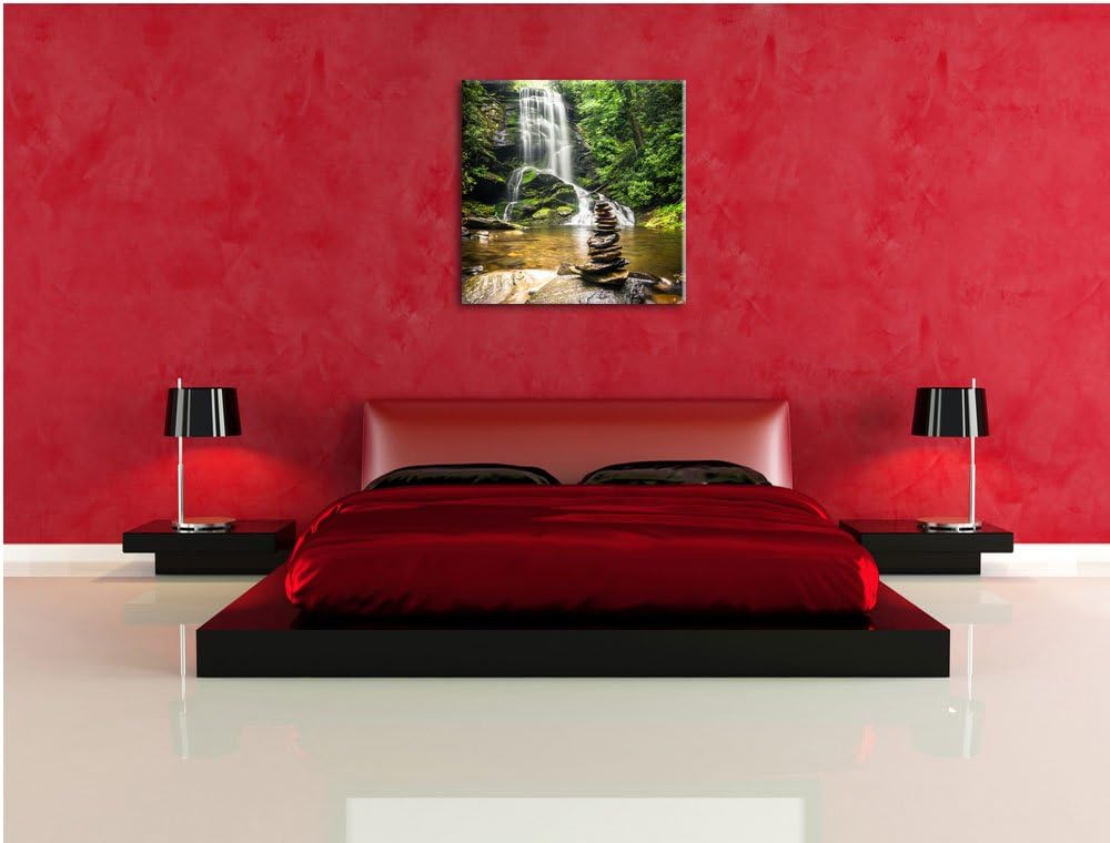 Zen Steine vor Wasserfall, Format: 70x70 auf Leinwand, XXL riesige Bilder fertig gerahmt mit Keilrah