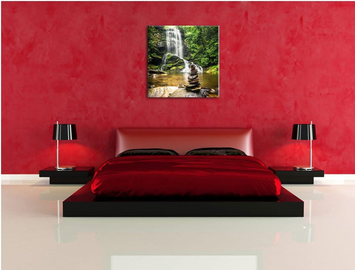 Zen Steine vor Wasserfall, Format: 70x70 auf Leinwand, XXL riesige Bilder fertig gerahmt mit Keilrah