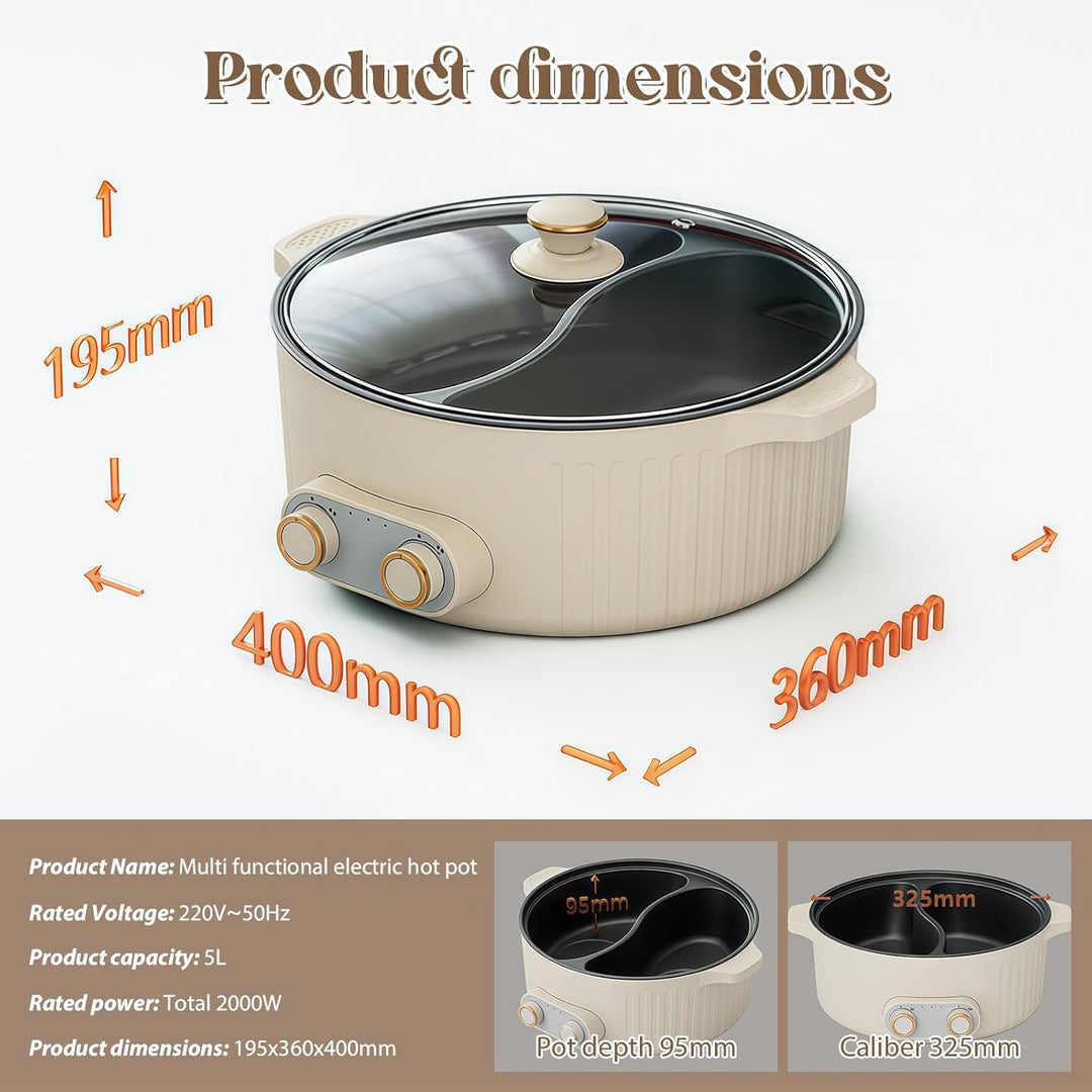 Hot Pot Olla Eléctrica, 5L Hot Pot, 2000W Multifuncional Antiadherente con Calefacción Rápida & Dobl
