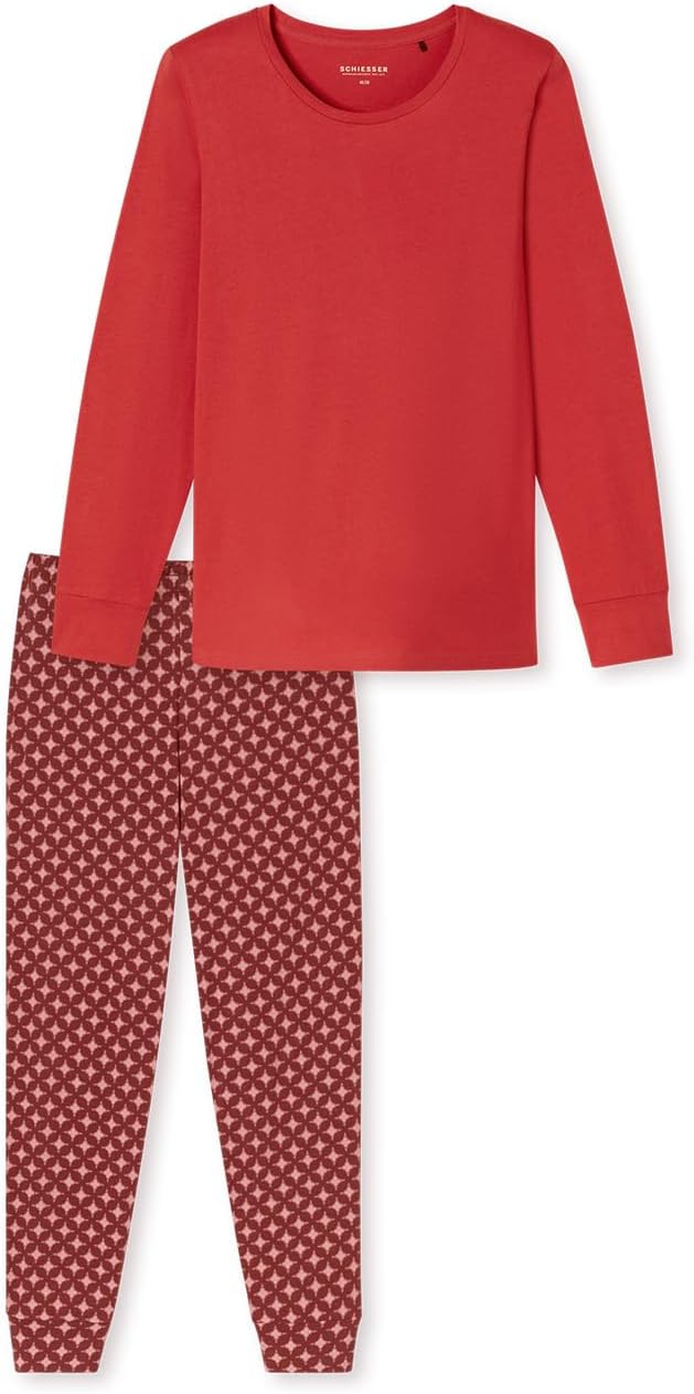 Schiesser Damen Schlafanzug lang mit Bündchen Baumwolle - Nightwear 36 Beere_181987, 36 Beere_181987