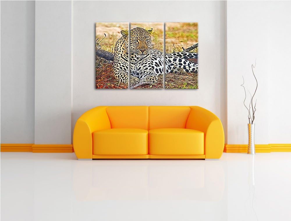liegender Leopard im Laub NewArt 3-Teiler Leinwandbild 120x80 Bild auf Leinwand, XXL riesige Bilder