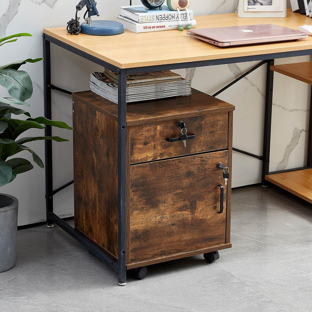 CLIPOP Rollcontainer Abschliessbare Aktenschrank Holz mit Schublade und Geschlossenem Speicher,Mobil