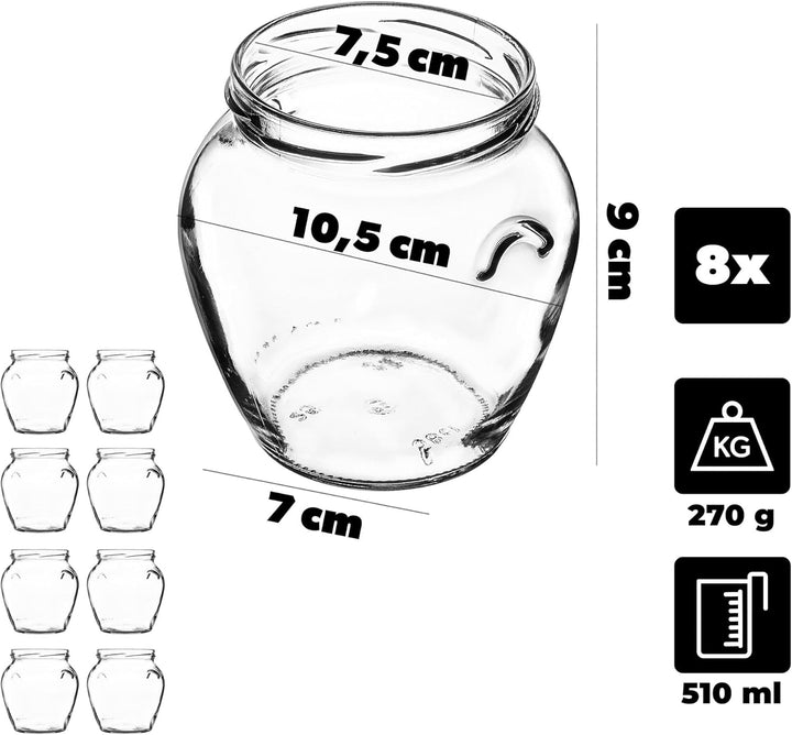 KADAX 8er Set Einmachgläser 510ml TO82, Sturzgläser Mason Jar mit Schraubdeckel, Luftdichte Twist-of
