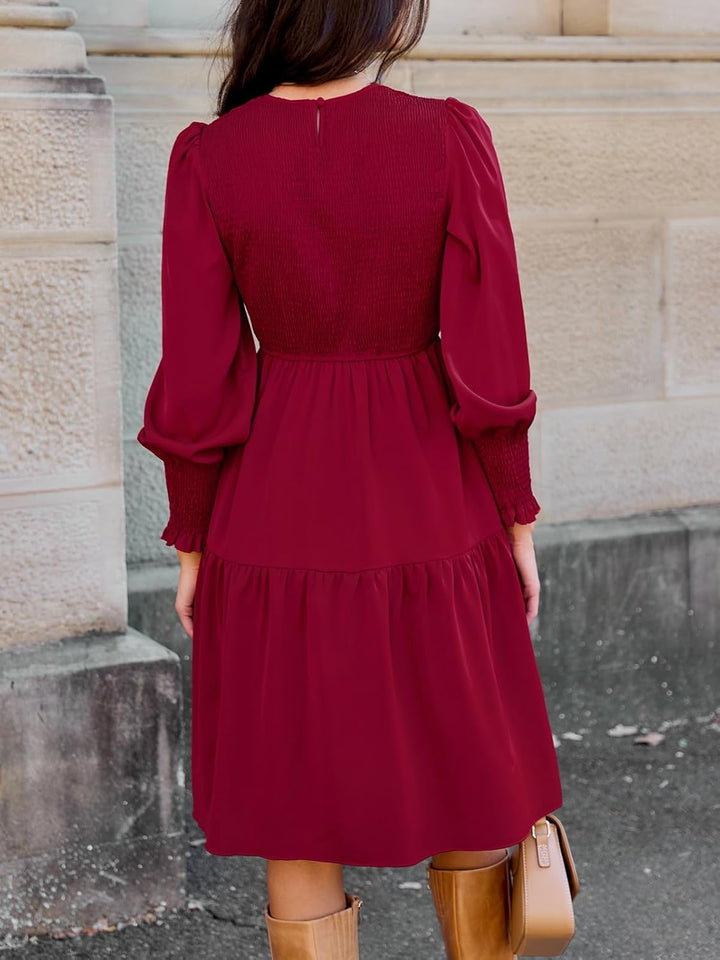 CUPSHE Damen Kleid Rundhals Langarm Rüschensaum A Linien Gesmoktes Minikleid Freizeitkleider Party S