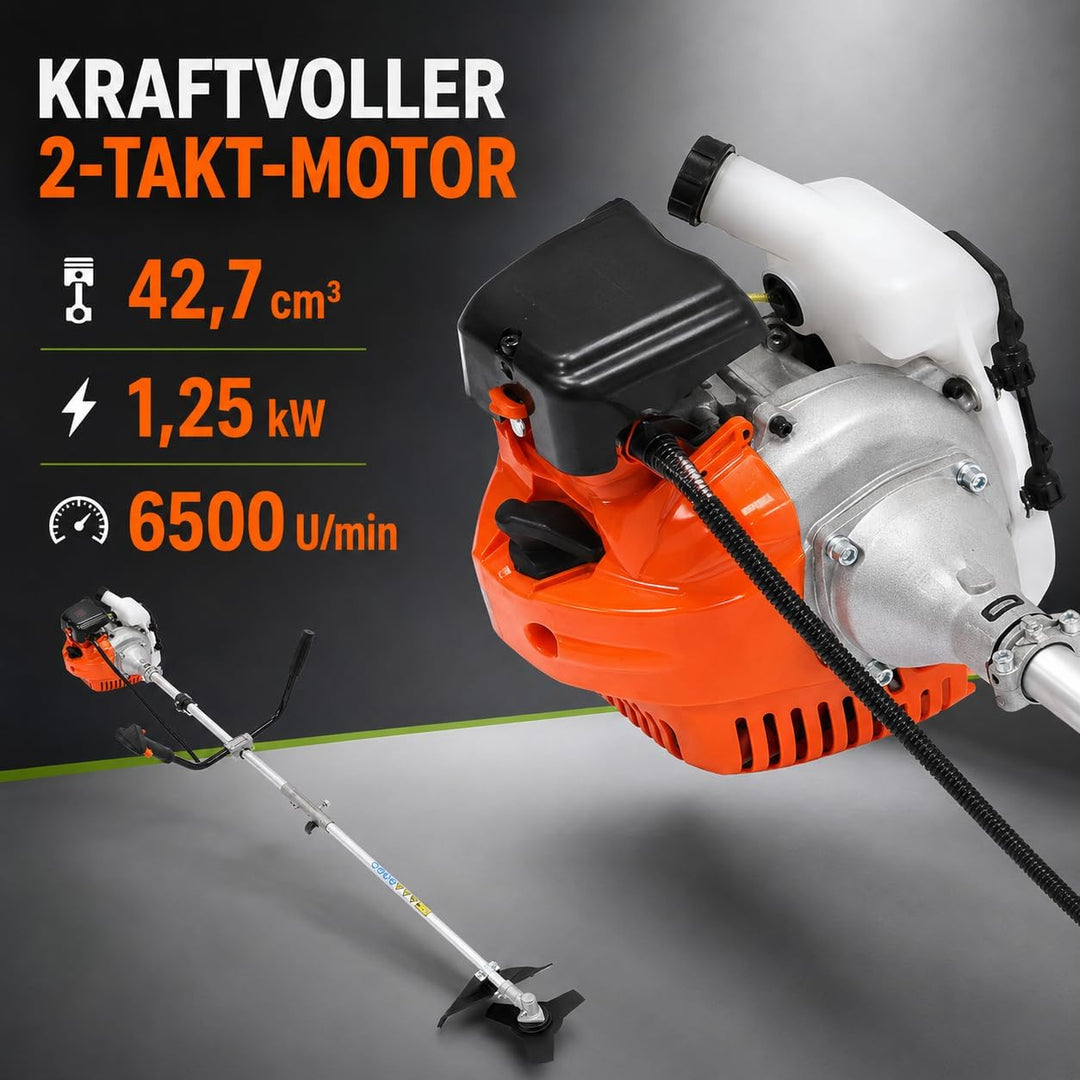 Benzin Motorsense Freischneider 42,7ccm, Rasentrimmer mit 6500 U/min | 2-Takt Motor Garten-Multitool