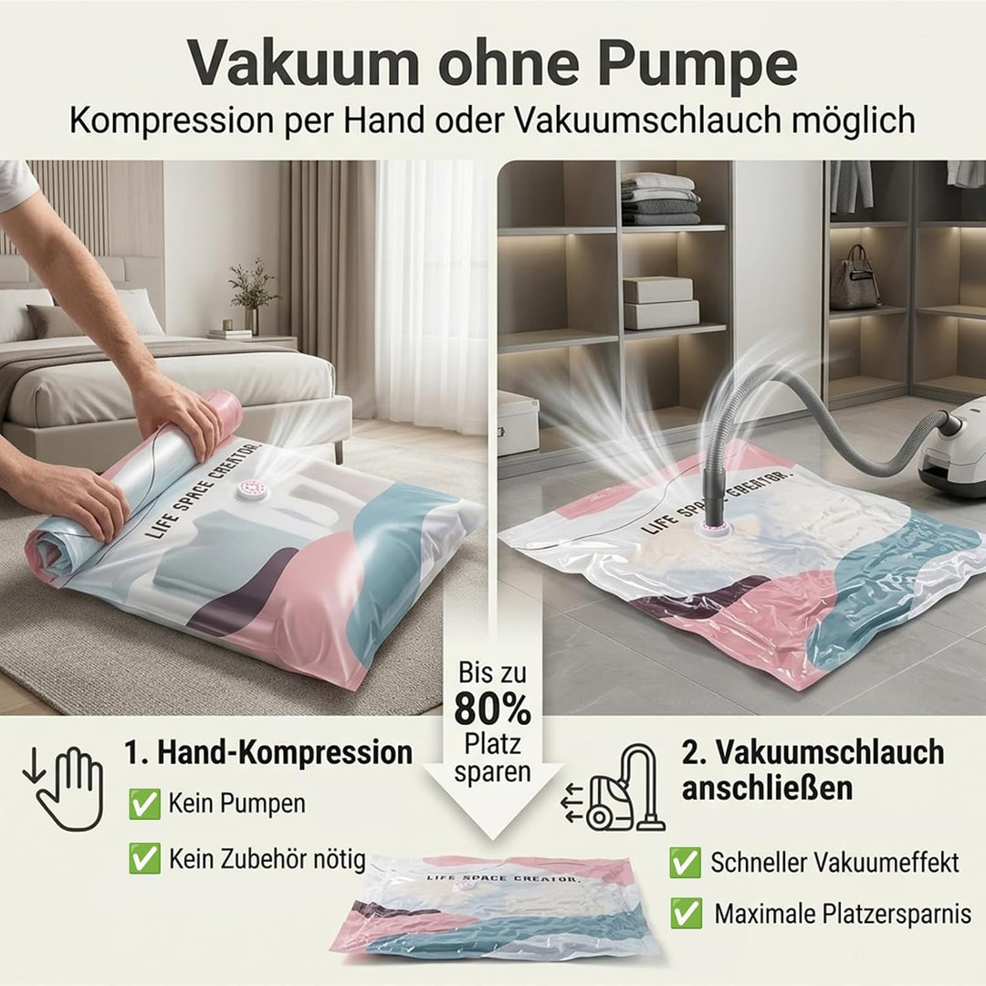 10 Stück Vakuumbeutel Ohne Pumpe (5x 80x100cm, 5x 50x70cm), Extra Dicke Vakuum-Aufbewahrungsbeutel f