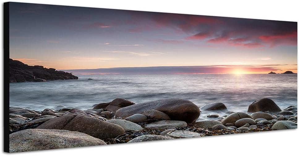 Paul Sinus Art Panoramabild auf Leinwand und Keilrahmen 150x50cm Cornwall Meer Steine Sonnenuntergan