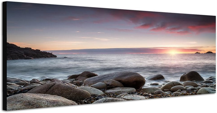 Paul Sinus Art Panoramabild auf Leinwand und Keilrahmen 150x50cm Cornwall Meer Steine Sonnenuntergan