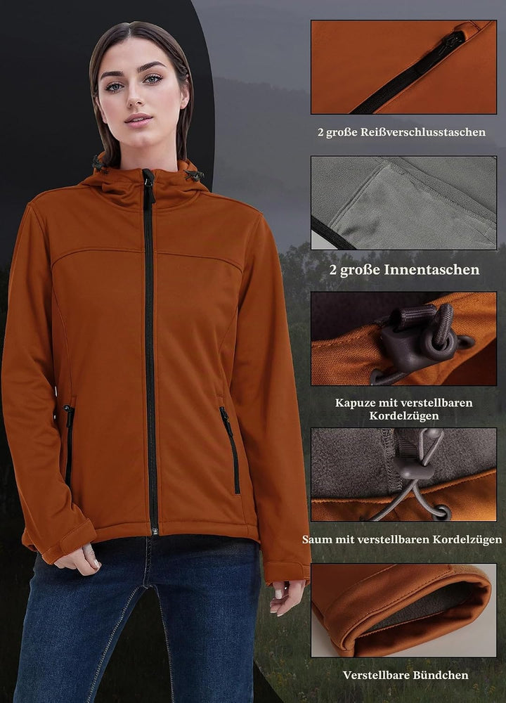 ATLASLAVA Damen Softshelljacke Wasserdichte Atmungsaktive Leichte Fleece Kapuze Übergangsjacke Laufe