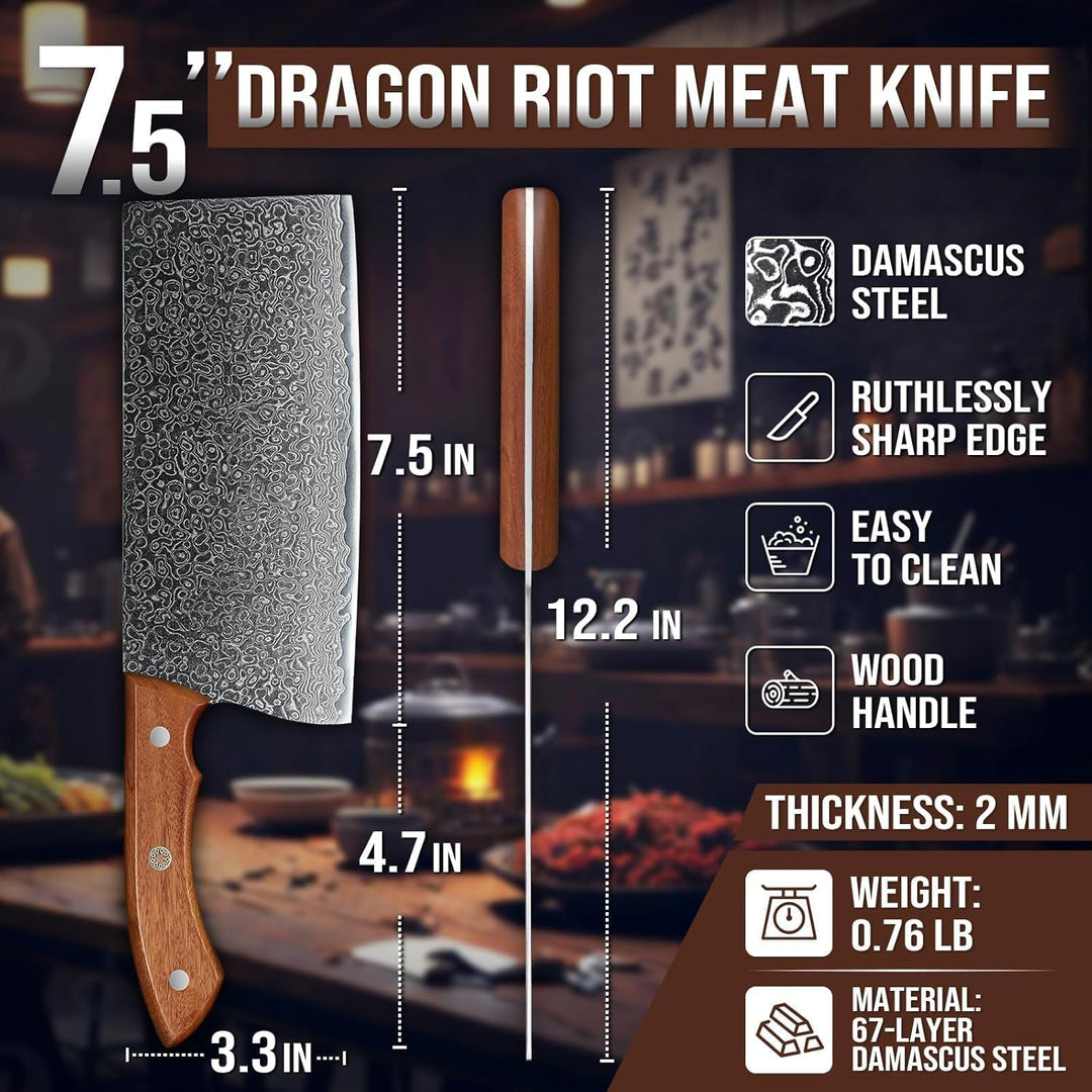 DRAGON RIOT Hackmesser Scharfes, Damastmesser Küchenbeil, Chinesisches Kochmesser 19cm, Profi Küchen