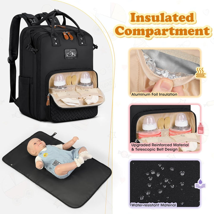 RAINSMORE Wickelrucksack Gross Baby Wickeltasche Rucksack mit Wickelunterlage Kinderwagengurten und