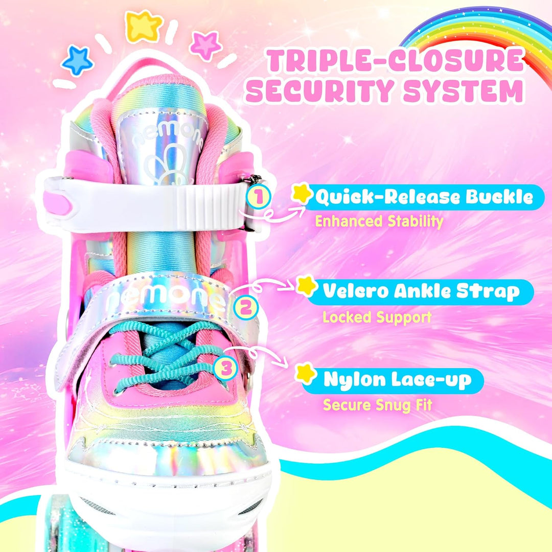 NEMONE Rollschuhe für Mädchen Kinder 4 Grössen Verstellbar Blau Violett Rollschuhe für Kinder Drinne