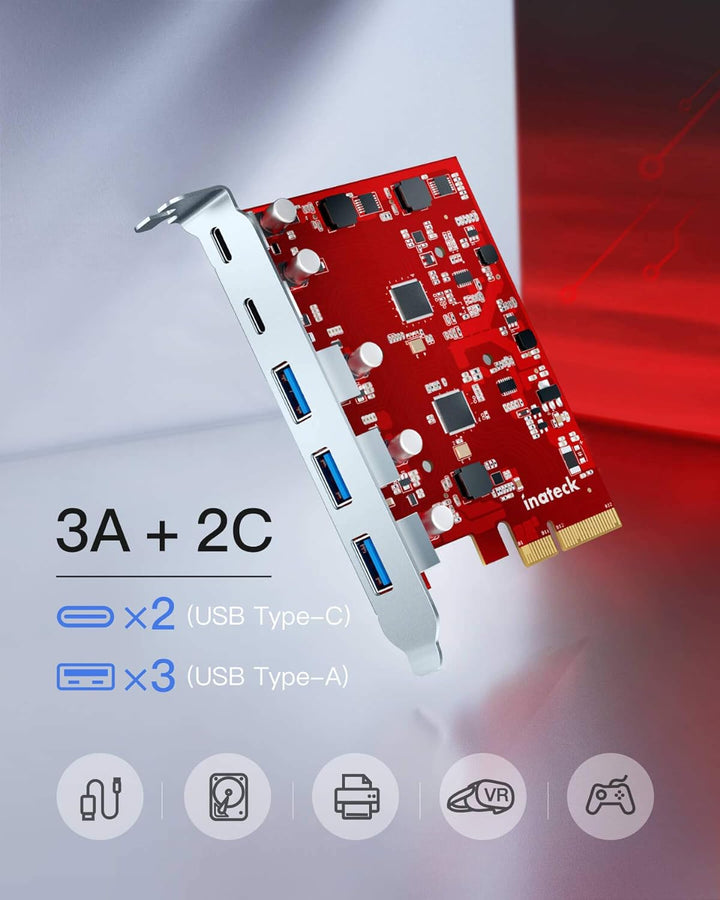 Inateck RedComets U21, PCIe zu USB 3.2 Gen 2 Karte mit insgesamt 16 Gbps Bandbreite, 3 USB Typ-A und