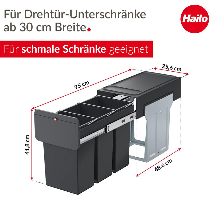 Hailo EcoLine Design Trio L Einbau-Mülltrennungs-System | 3x10L | 30L | Trio Mülltrenner mit Vollaus