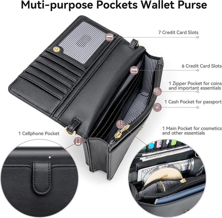 nuoku Umhängetasche Handytasche Damen Clutch Schultertasche im Klein Format mit RFID Karte-Slots 2 A