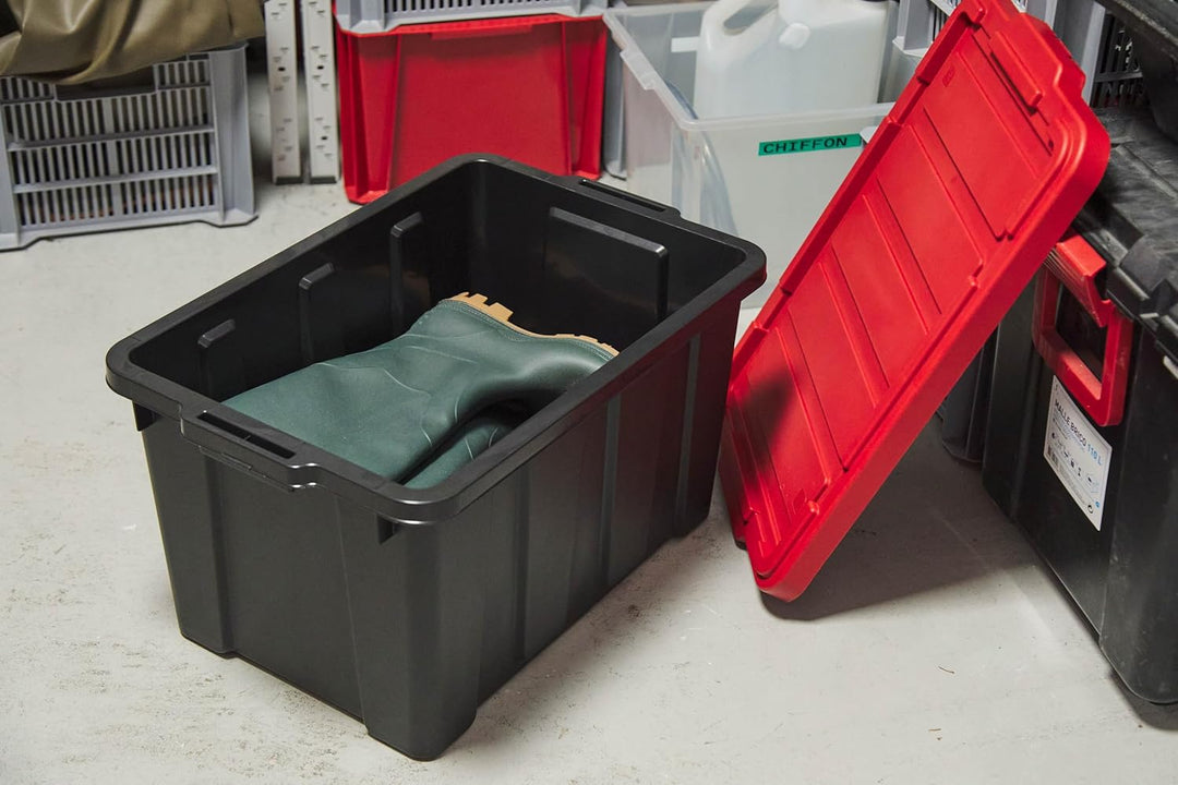 Iris Ohyama Heavy Duty Organisation Boxes, 50L, 3er-Set, Rot, Gross, Robust, Stapelbar, Aufbewahrung