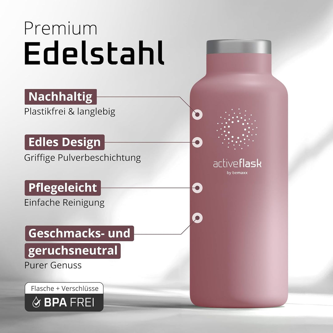 Trinkflasche Edelstahl mit Strohhalm, Infuser + 3 Deckel: BPA-frei, Auslaufsicher, Kohlensäure geeig