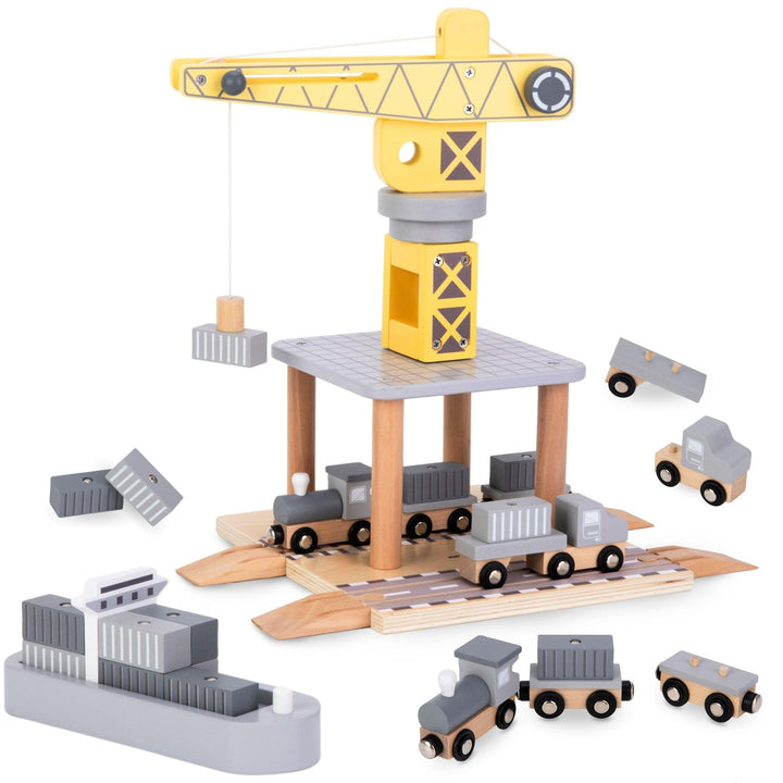 Mamabrum, Beweglicher Hafenkran mit Magnetwinde und Zubehör - Holz-Set, Beweglicher Kran, LKW, Wagen