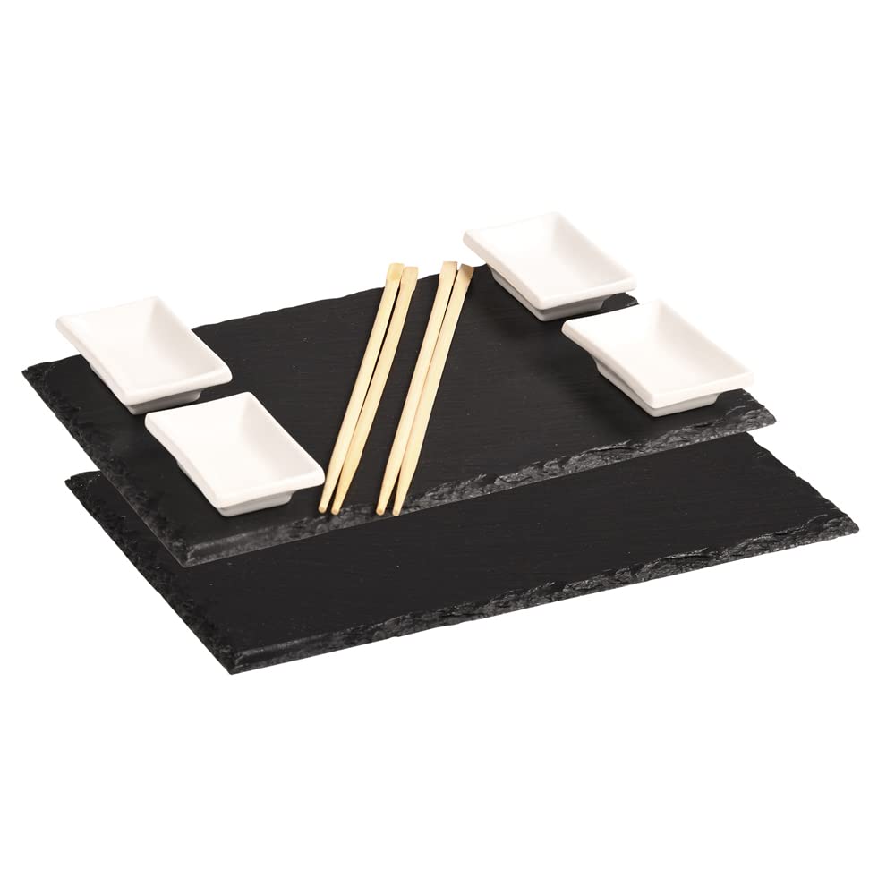 Kesper | 2 Schieferplatten mit 4 Dipschalen + 10 Ess-Stäbchen, Material: Schiefer, Masse: B: 30 x T: