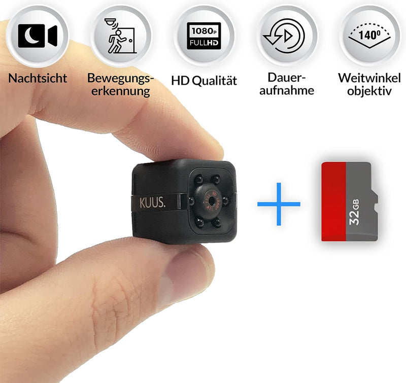 KUUS® - Mini Kamera | Überwachungskamera Für Innen Mit 32-GB-Speicherkarte | Micro Cam Full HD 1080P