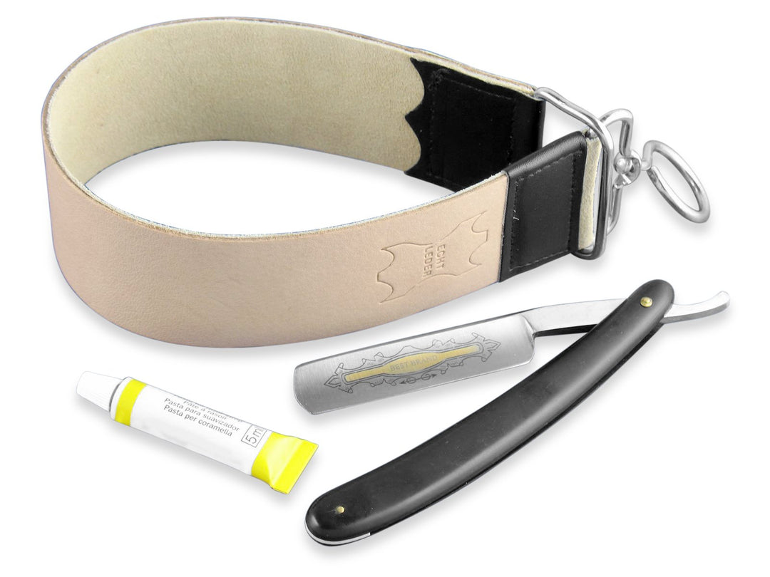 Rasier-Set Rasiermesser Goldätzung Hohlschliff mit Abziehleder und Paste aus SOLINGEN 3-Teilig