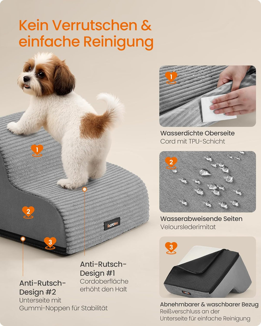 Feandrea Hundetreppe, 2 Stufen, Haustiertreppe, für kleine Hunde, Bett, Sofa, wasserdichte Katzentre