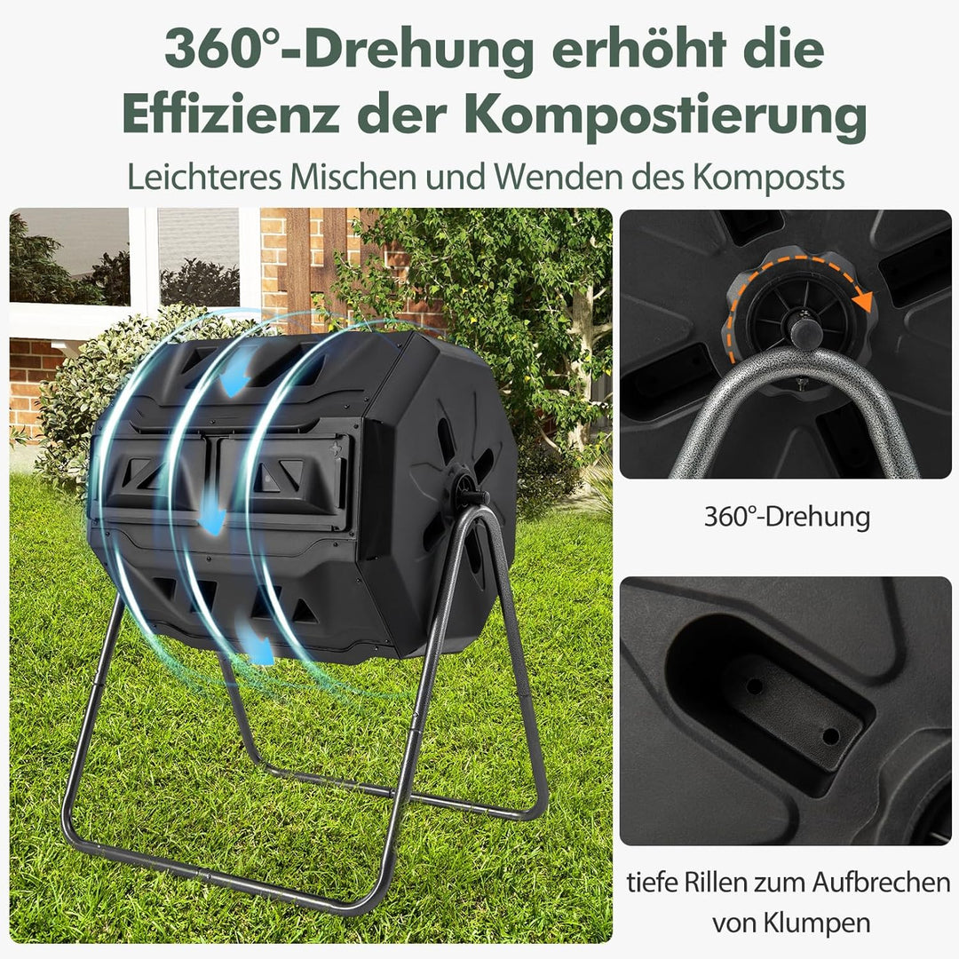 RELAX4LIFE 160L Komposter Garten, Schnellkomposter mit 2 Kammern, 16 Lüftungsschlitzen & Schiebetüre