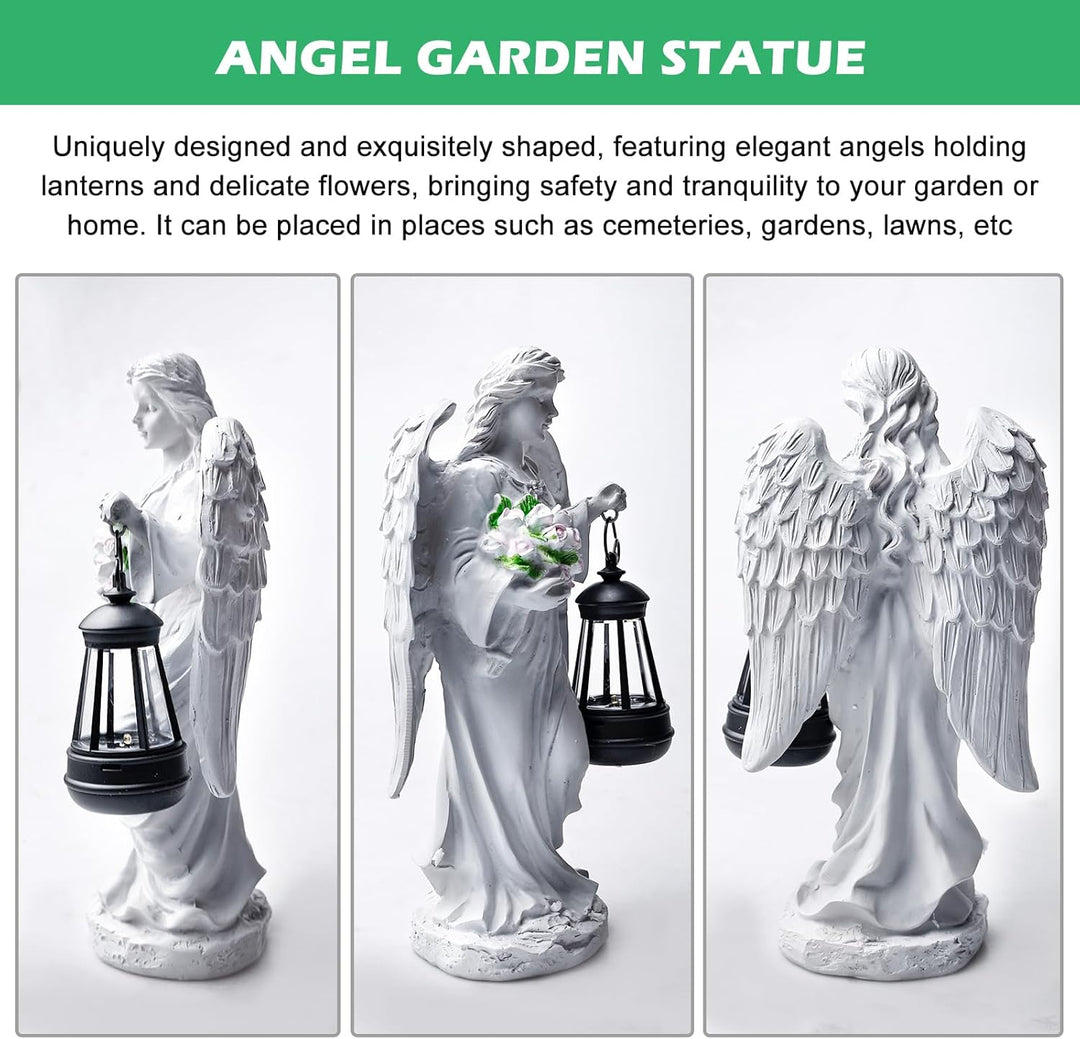 GOMETY Solar Engel Gartenstatuen, Schutzengel-Figur mit LED Solar Laterne, Grablicht Outdoor-Deko, E