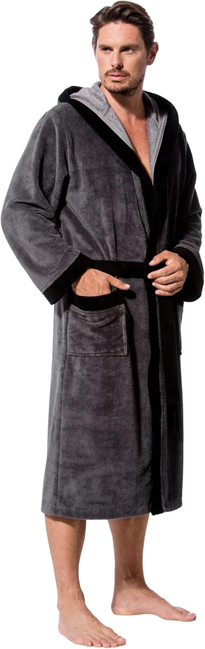 Morgenstern Bademantel Herren mit Kapuze Luxus Frottee Velours Lang L Anthrazit, L Anthrazit