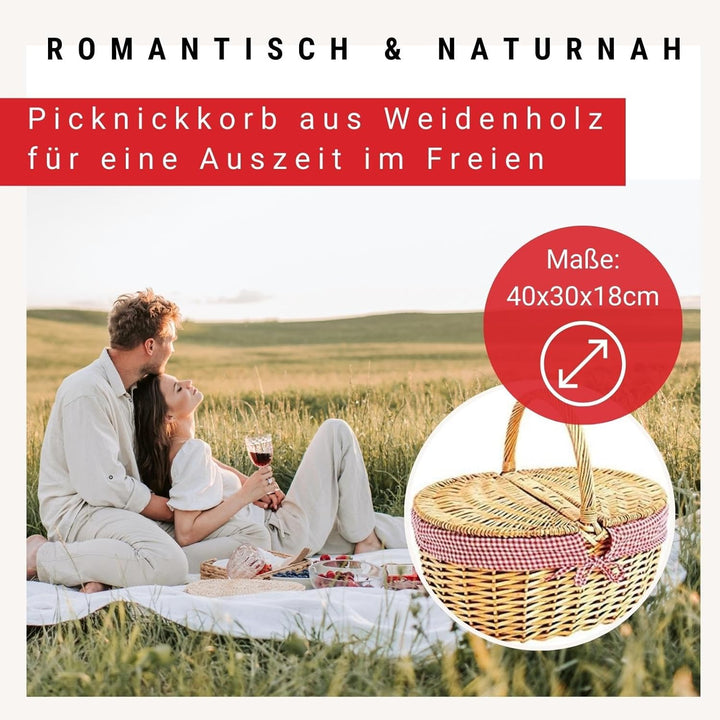 WOMA Weidenkorb mit rot weiss kariertem Innenfutter I Geflochtener Natur Korb mit Deckel & Henkel I