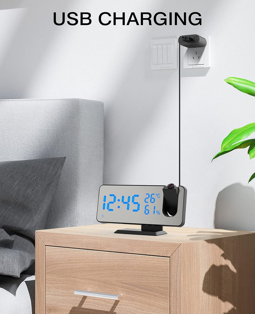 ShinePick Projektionswecker, Digital Wecker mit Projektion, Radiowecker mit USB-Anschluss Snooze Dua