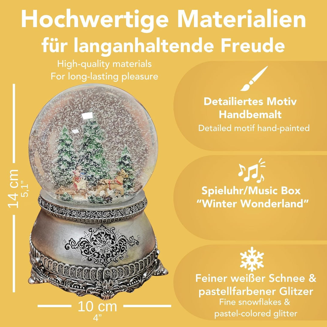 Schneekugel Spieluhr Weihnachten | Kutsche über Brücke | Sockel Zinnoptik Ornamente | mit Musik | Sc