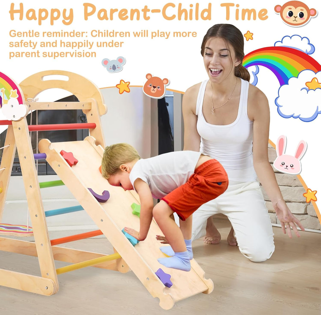 Montessori Klettergerüst, 5 in 1 Indoor Spielplatz für Kinder, mit Schaukel, Bogen, Rutsche und Klet
