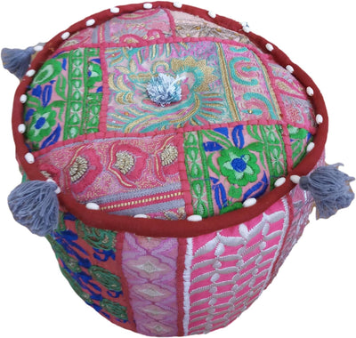 PUSHPACRAFTS Ottoman Pouf Indian Bohemian Style Interior Decor Fusshocker Bodenkissen Indian Embroid