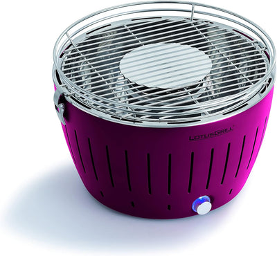 LotusGrill Starter-Set Classic 1x Grill Pflaumenlila mit USB-Anschluss, 1x Buchenholzkohle 2,5 kg, 1