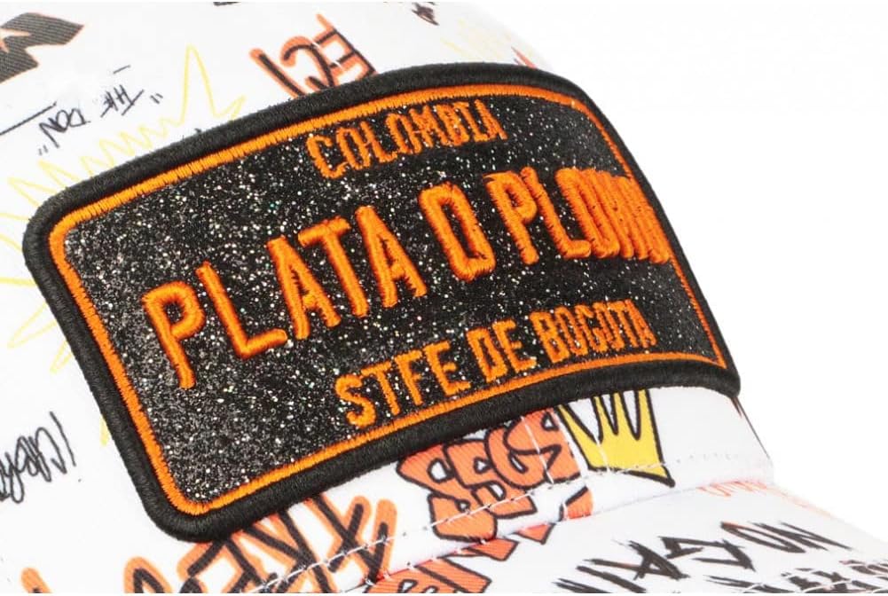 Plata o Plomo Cap Weiss und Orange Strass Streetwear Power Colombia Baseball Unisex, weiss, Einheits