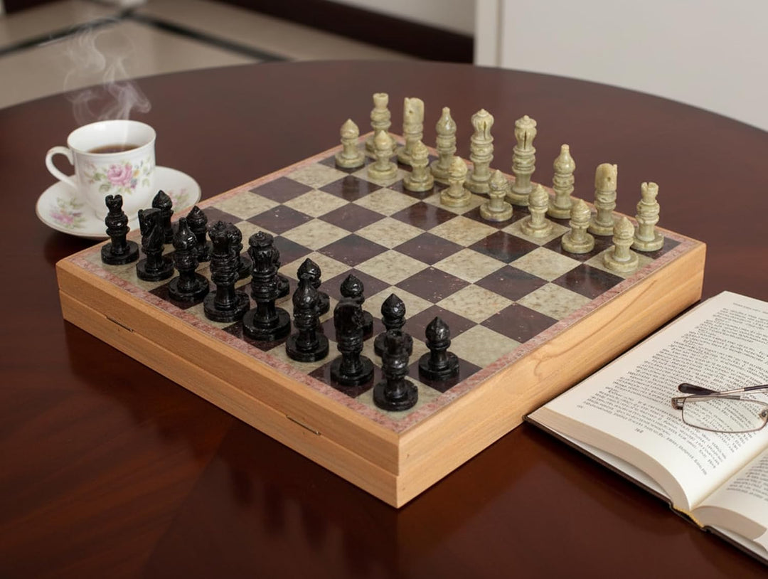 StonKraft Stein Holz Schach Schachbrett Schachbrettspiel Set aus Holz + Stein Schachfiguren (30 x 30