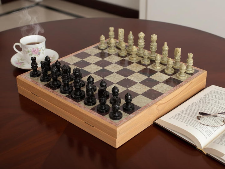 StonKraft Stein Holz Schach Schachbrett Schachbrettspiel Set aus Holz + Stein Schachfiguren (30 x 30