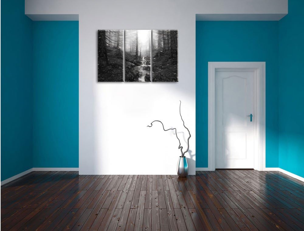 Pixxprint Bach im Wald Kunst / 3-Teilig/Gesamtmass 120cm Leinwandbild bespannt auf Holzrahmen/Wandbi