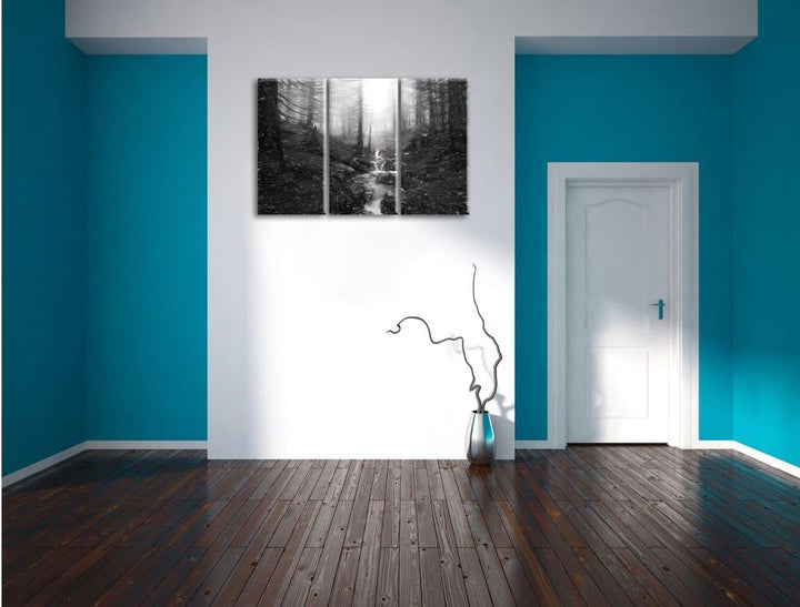 Pixxprint Bach im Wald Kunst / 3-Teilig/Gesamtmass 120cm Leinwandbild bespannt auf Holzrahmen/Wandbi