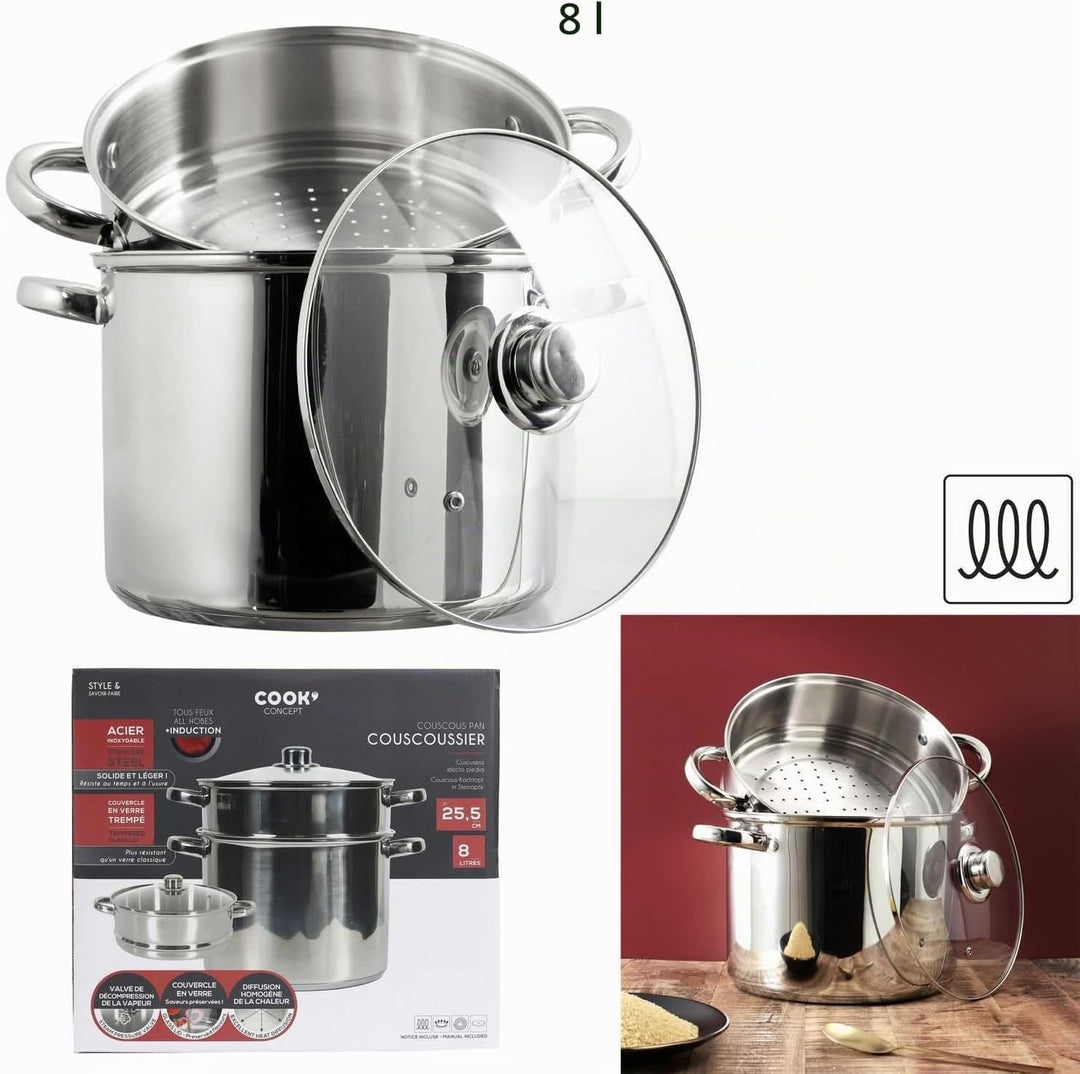 COOK CONCEPT, KC0006, Metal Couscous Maker with Glass lid, 8L Capacity, Compatible with All Heat Sou