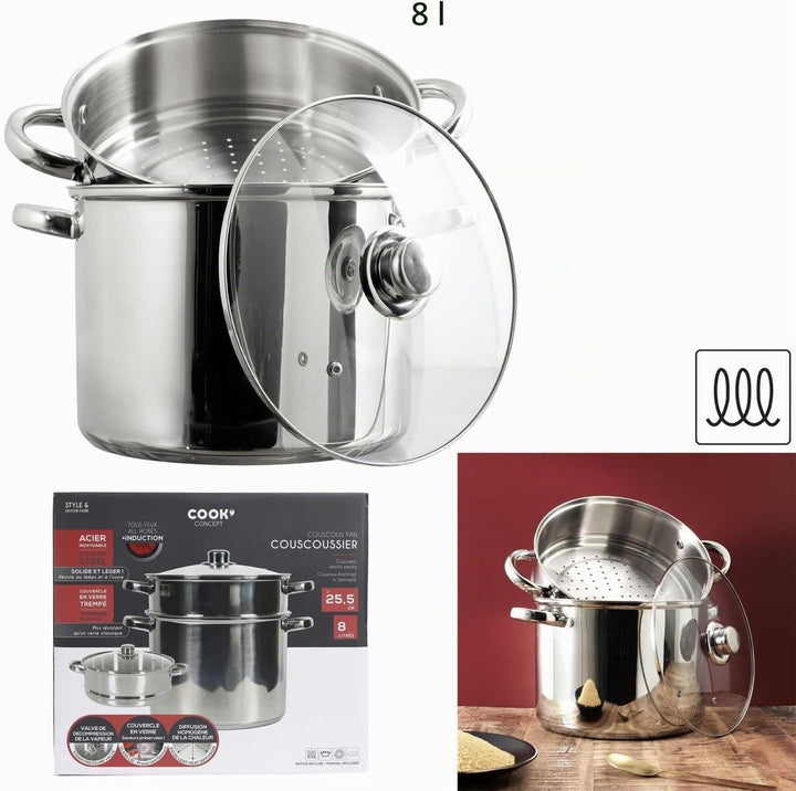 COOK CONCEPT, KC0006, Metal Couscous Maker with Glass lid, 8L Capacity, Compatible with All Heat Sou