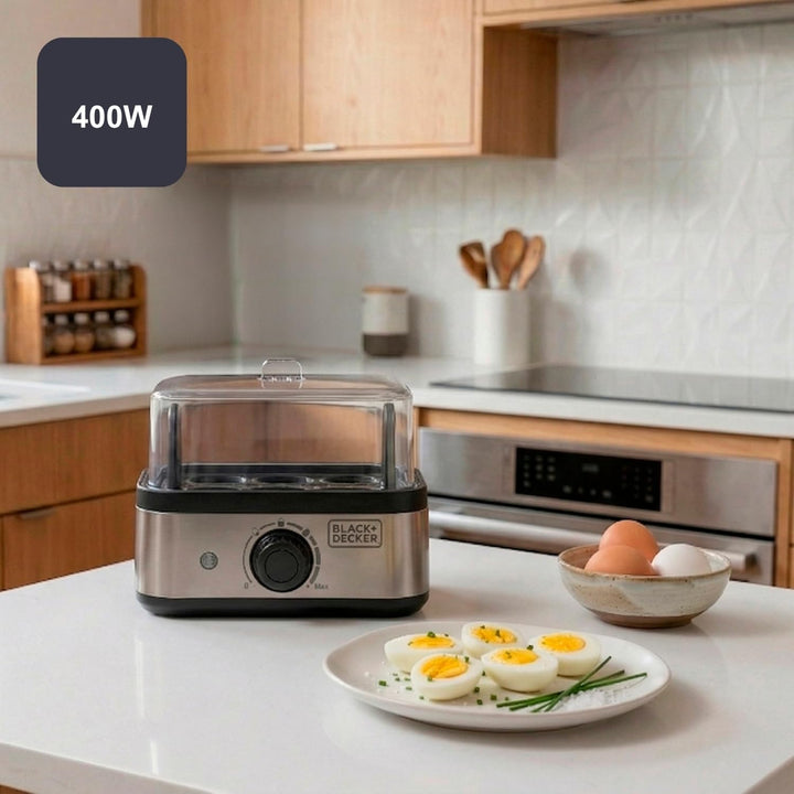 Black+Decker - Eierkocher 400 W | bis zu 6 Eier | 3 Garstufen: weich/medium/hart | Automatische Absc