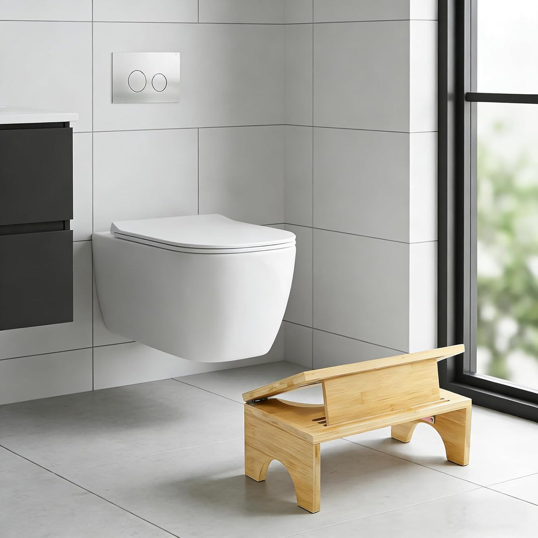 Toilettenhocker Klappbar aus Bambus – Ergonomischer WC-Hocker mit 4-stufiger Höhenverstellung (18–27