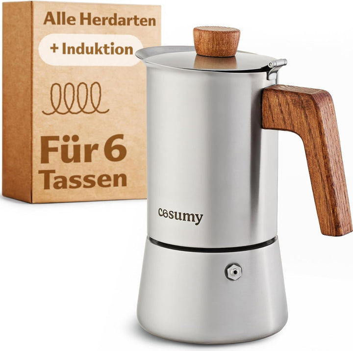 Cosumy Espressokocher Induktion für alle Herdarten geeignet - Mokkakanne Edelstahl 6 Tassen und FSC
