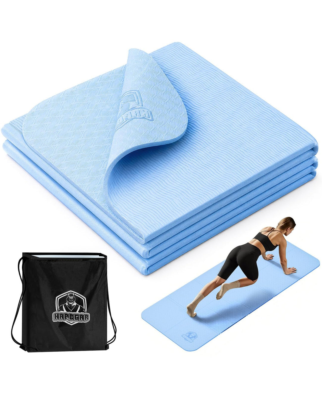 HAPBEAR Reise Yogamatte faltbar 183x61x0,6cm – rutschfeste TPE Yogamatte klappbar mit Tragetasche, l